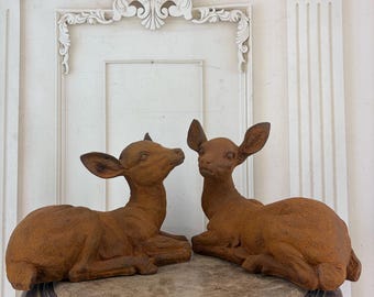 Cast Iron Deer Pair Figurines – Rustic Hunting Animal Decor, Indoor Outdoor Home Garden