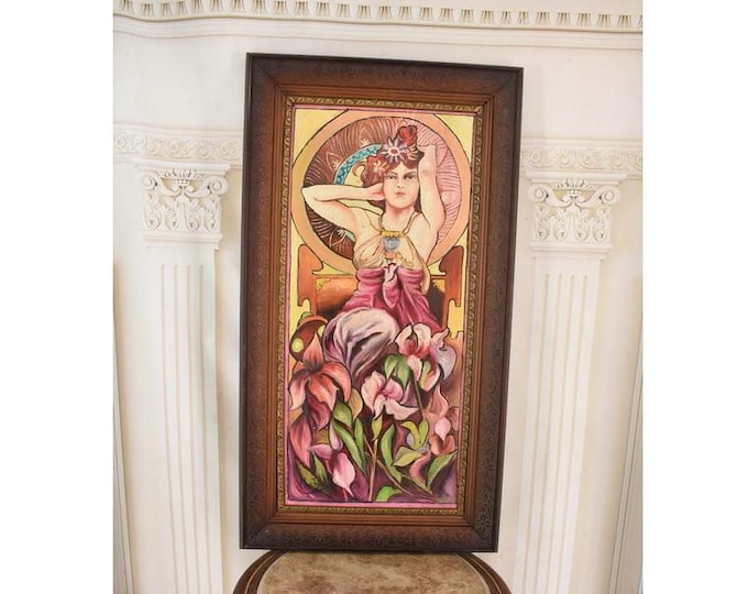 Very Rare Antique Oil Painting - Lady Of The Camellias - Mucha Style Art