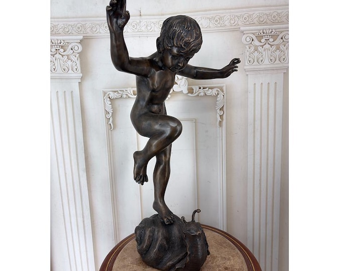 Large Bronze Boy with Snail Fountain Sculpture – Garden Decor Statue