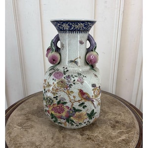 Vintage French Porcelain Vase – Hand Painted Birds, Flowers, Elegant Urn Decor