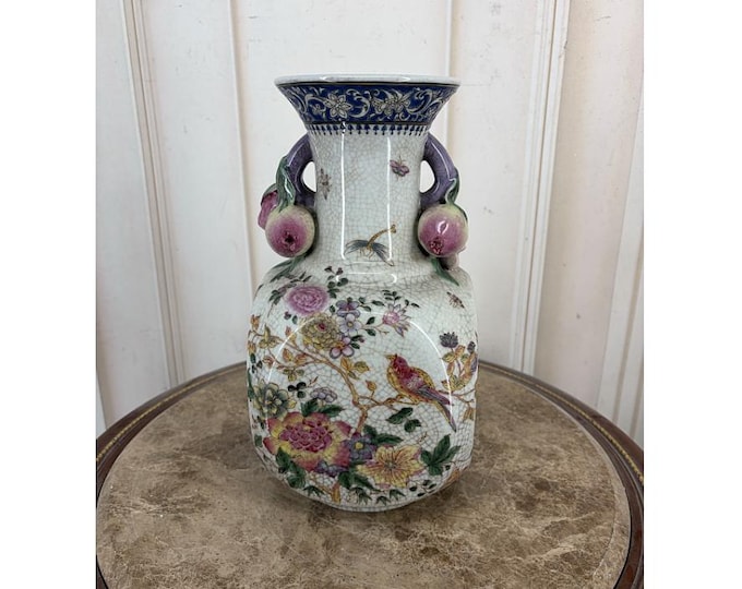 Vintage French Porcelain Vase – Hand Painted Birds, Flowers, Elegant Urn Decor