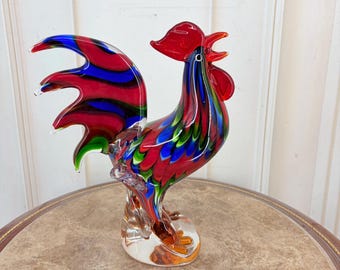 Murano Style Rooster Glass Figurine: Rainbow Venetian Decor