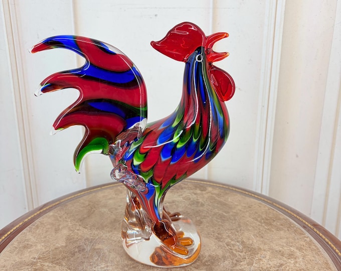 Murano Style Rooster Glass Figurine: Rainbow Venetian Decor