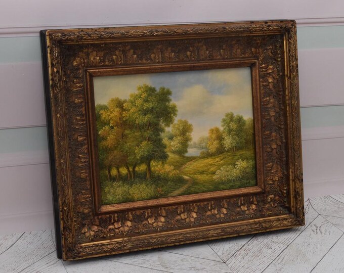 Vintage Painting - Summer Landscape Nature - Painting with Gold Frame - Handmade French Village Painting - Wall Decor - Amazing Home Decor
