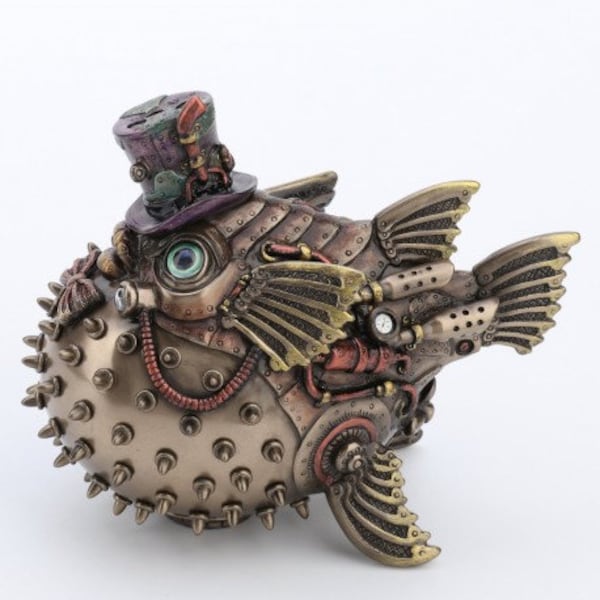 Poisson steampunk - figurine métal bronze - statue poisson globe steampunk - bonne idée cadeau - cadeaux personnalisés - superbe décoration