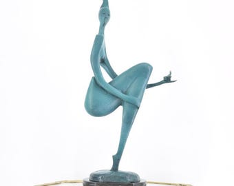 Modernist Bronze Sculpture: Abstract Woman with Bird, Patina Finish
