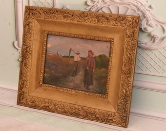 Antique Harvest Scene Oil Painting – Framed Polish Rustic Art Chelmonski