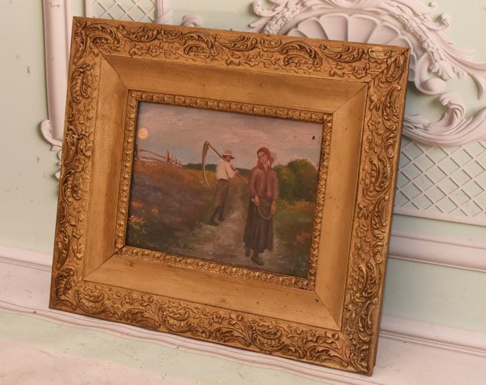 Antique Harvest Scene Oil Painting – Framed Polish Rustic Art Chelmonski