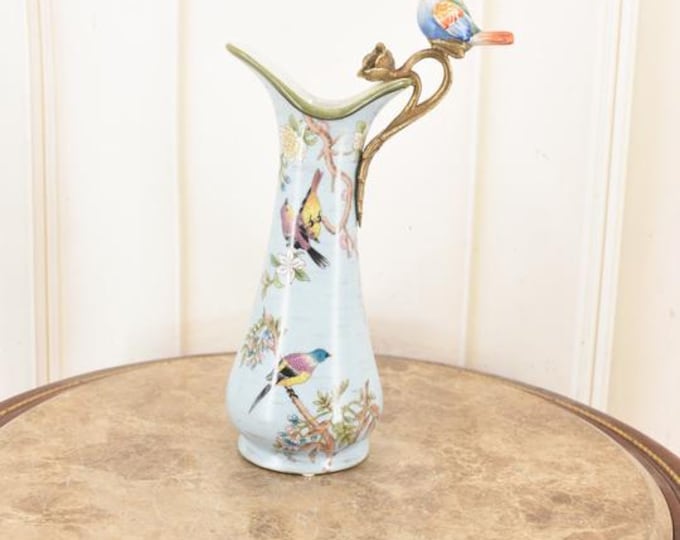Art Nouveau Porcelain Wine Jug: Bronze Bird Handle, Floral Carafe