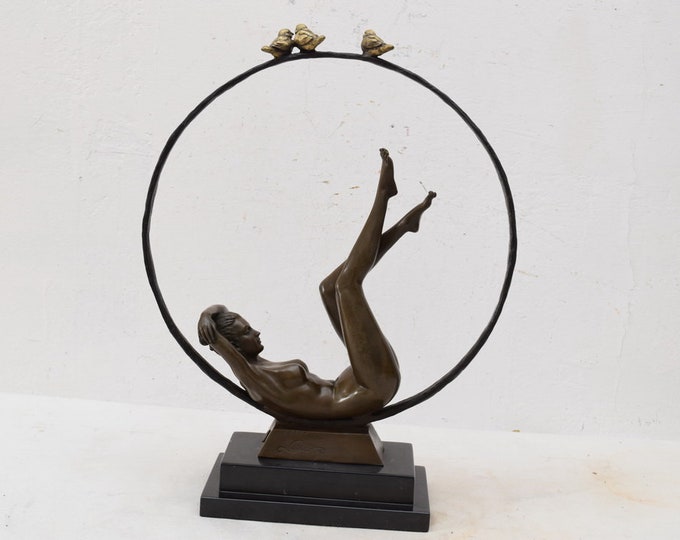 Sleeping Act Woman with Birds - Bronze Female Figurine - Sculpture Dancer Art Deco Style - Luxury Gift Mature Content  -