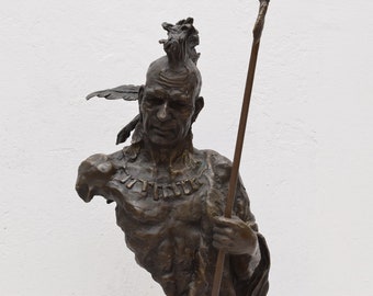 Grand guerrier indien avec pièce de rechange - Sculpture en buste en bronze sur socle en marbre - Figurine vintage américaine - Statue historique des États-Unis - Décoration d'intérieur - Idée cadeau