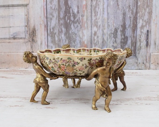 Large Amazing Porcelain Bowl - Bronze Ornaments Angels - Plateau Porcelain Vintage - Luxury Bowl - Angels and Flowers - Unique Gift
