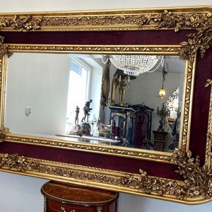 Luxury Gold and Red Frame - Mirror Crystal Design Flowers Ornaments Baroque Style - Exclusive Gift Idea
