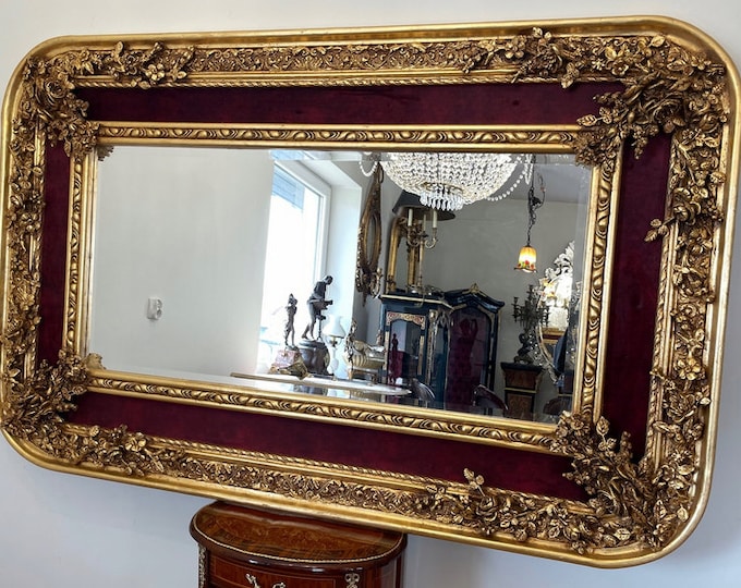 Luxury Gold and Red Frame - Mirror Crystal Design Flowers Ornaments Baroque Style - Exclusive Gift Idea