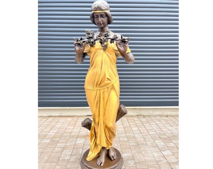 Signed Gilded Bronze Sculpture – Lady with Camellia & Plant | Art Nouveau Woman Figure | Unique Collectible Statue