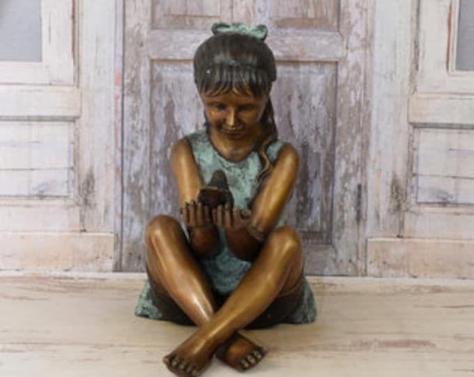 Bronze Garden Statue: Girl with Bird Sculpture - Richly Decorated