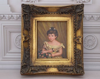 French Art: Portrait of Young Girl, Oil on Wood with Gold Frame
