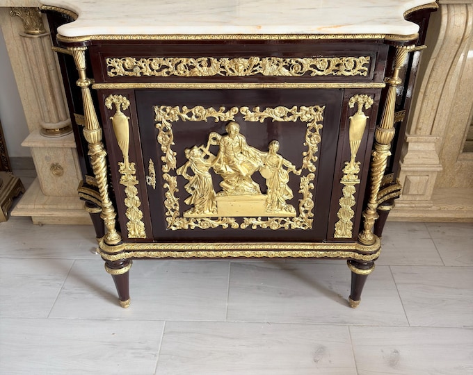 Vintage French Empire Style Commode - Marble Top - Rich Bronze Mounts - Classical Figural Decoration