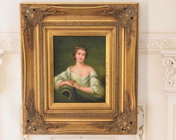 Painting Portrait French Aristocrat - Goldene Frame - Portrait Woman - Old Oil on Wood - French Art - Wall Decor - Gift for Birthday Wedding