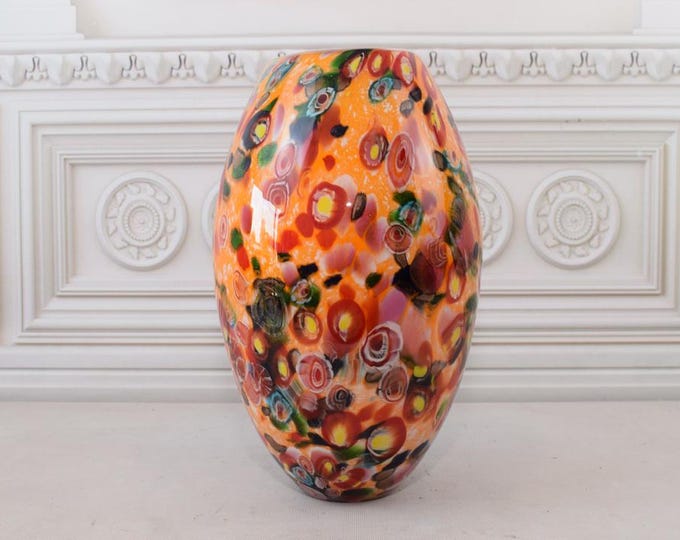 Unique Orange Vase Murano Style Glass - Handcrafted Flower Pot - Vase with Peacocks Eyes Design - Gift Idea - Italian Glass - Home Decor