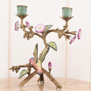 Porcelain and Bronze Candlestick Hummingbird Statue - Painted Porcelain Bird - Hummingbird Figurine - Unique Candlestick - Luxury Home Decor