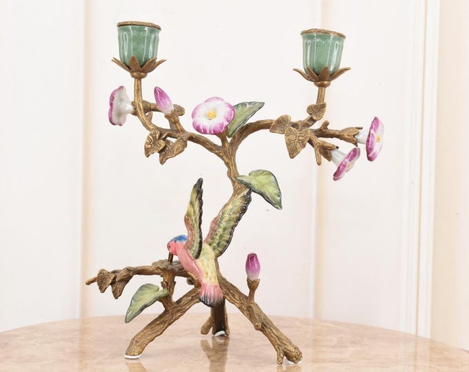 Porcelain and Bronze Candlestick Hummingbird Statue - Painted Porcelain Bird - Hummingbird Figurine - Unique Candlestick - Luxury Home Decor