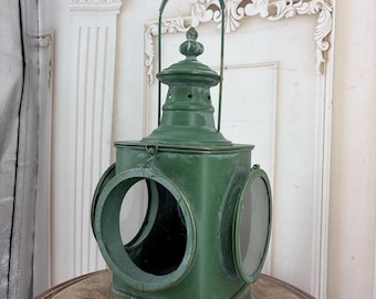 Vintage Green Metal Lantern With Side Glass Panels - Decorative Garden Candle Lantern - Rustic Hanging Lantern - Unique Vintage Decor