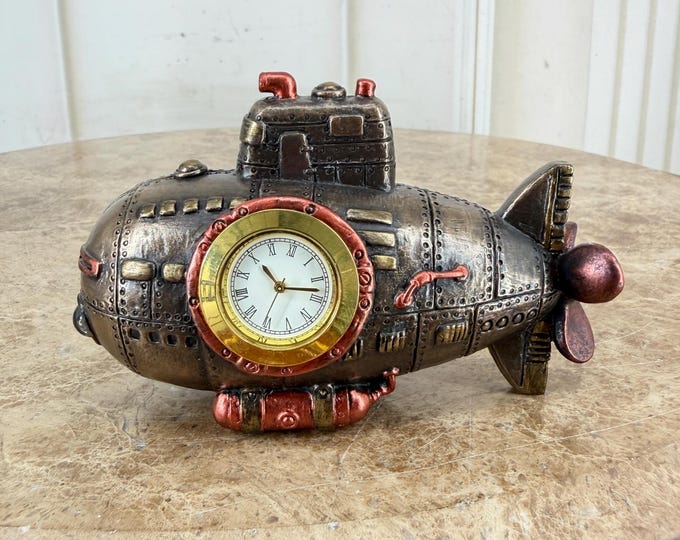 Vintage Steampunk Double Boat Clock - Battery Operated Nautical Desk Clock - Bronze-Coated Decorative Figurine