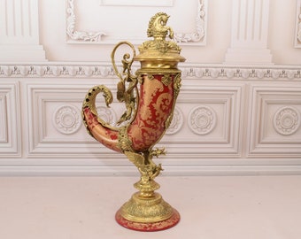 Vintage Porcelain Cornucopia: Red, Orange & Bronze Horn of Plenty