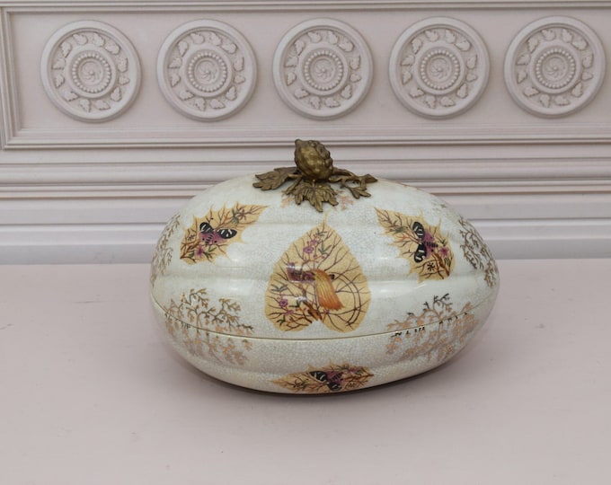 Antique Porcelain Casket - Pheasant Painted and Floral Design - Bronze Ornaments - Kitchen Decor - Home Decor - Gift for Wedding