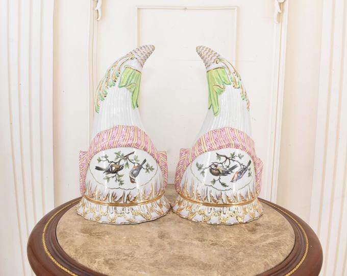 Pair Of Antique Wall Consoles – Porcelain Bird Motif Vases – Signed French Vintage Wall Decor – Unique Collectibles