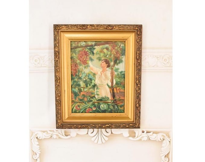 Antique Oil Painting Wood – Woman Picking Oranges, Romantic Garden Scene