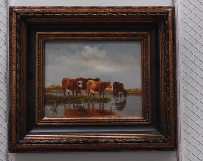 Vintage Painting Cows in the Pasture - Gold Frame - French Landscape Painting Art - Old Oil on Wood - Landscape Art Wall Decor - Gift Idea