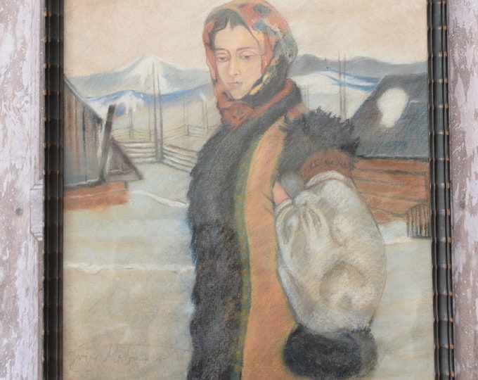 Antique Painting Woman Hyrax - Mehoffer Painting Highlandes - Mountain Painting - Polish Art on Cardboard - Zakopane Polish Painting