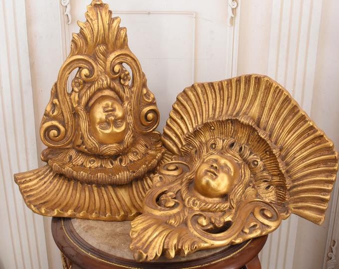 Vintage Baroque Gold Wall Console Shelves – Woman Face Decor, Set of 2
