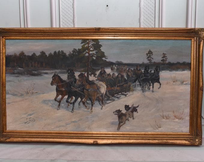 Antique Hunting Trip Painting: Falat Winter Landscape with Gold Frame