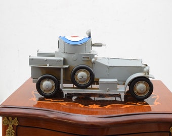 Vintage Metal Armored Car Model: Grey Military Vehicle Decor