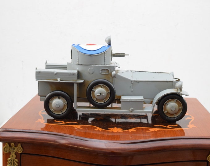 Vintage Metal Model Armored Car - Amazing Grey Old Iconic Car - Military Metal Model Toy - Gift Idea Old School Car with Cannon - Home Decor