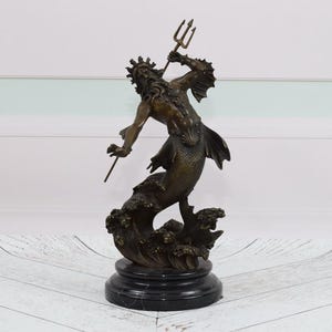 Poseidon Bronze Sculpture - Figure Neptun - God of the Seas Greek Mythology Statue - Vintage Figurine - Statue on Marble Base - Gift Idea
