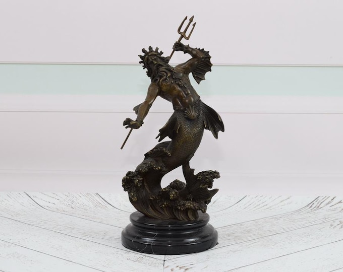 Poseidon Bronze Sculpture - Figure Neptun - God of the Seas Greek Mythology Statue - Vintage Figurine - Statue on Marble Base - Gift Idea