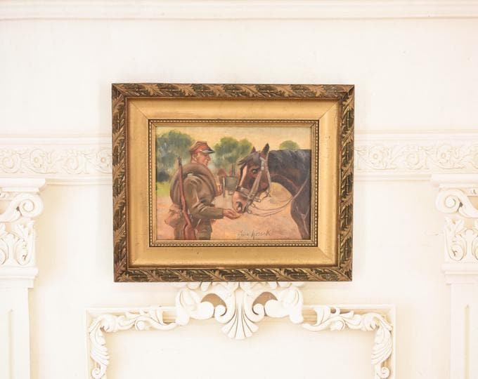 Antique Polish Oil Painting Soldier Horseback – Oil Wood Gilded Frame