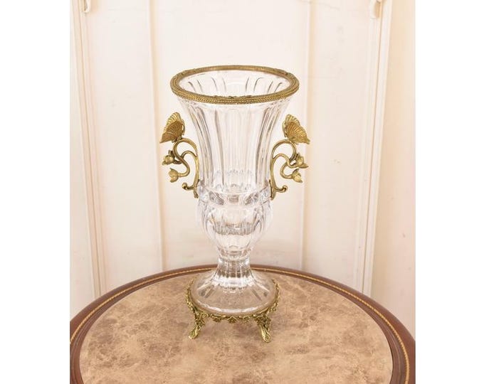 French Crystal Vase with Bronze Mounts – Elegant Ornate Centerpiece – Vintage Luxury Home Decor