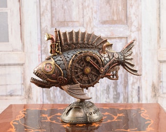 Steampunk Submarine Statue - Fish Lamp - Piranha Figurine - Fish Sculpture - Art Work Statue - Home Decor - Gift Idea