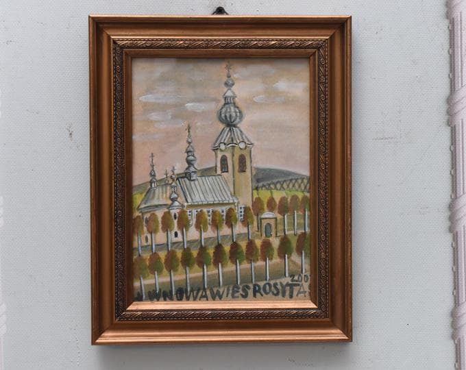 Nikifor Krynicki Painting: Old Krynica Zdroj, Polish Art Pastel on Carton