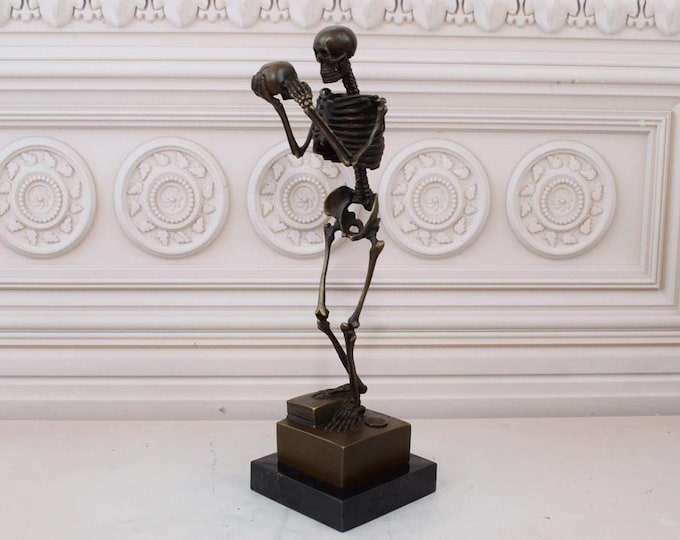 Bronze Sculpture Skeleton Holding a Skull - Scary Statue Bronze - Halloween Statue - Richly Decorated - Home and Office Decor - Gift Idea