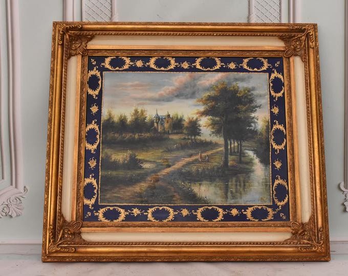 French Landscape Painting on Porcelain - Vintage Golden Frame