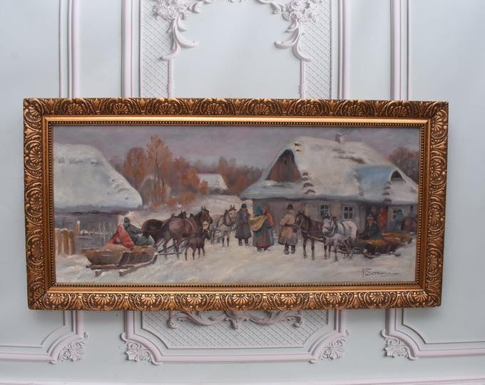 TOP! Antique Polish Winter Landscape Painting: Horses & Sleigh Setkowicz Art
