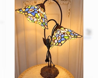 Tiffany Style Double Flower Table Lamp - Stained Glass Blue Floral Lamp - Art Nouveau Lighting - Metal Base