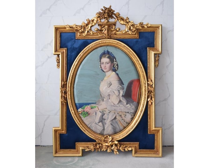 French Baroque Style Portrait with Angels – Aristocratic Lady – Blue Velvet Canvas – Ornate Frame – Large Wall Art Tapestry - Home Decor