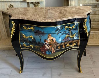 French Louis XVI Chest of Drawers: Hand-Painted Aristocracy Scenes, Marble Top